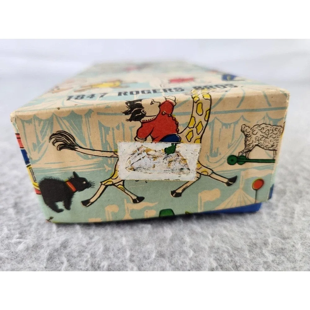 Vintage 1847 Rogers Bros. silverware EMPTY box Circus Paper Baby Utensil Set